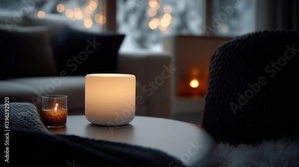 Fototapeta Cozy winter evening ambiance.  Warm light illuminates a modern lamp on a coffee table, alongside a traditional candle. Soft lighting, warm colors, and wintery scenery set a tranquil scene