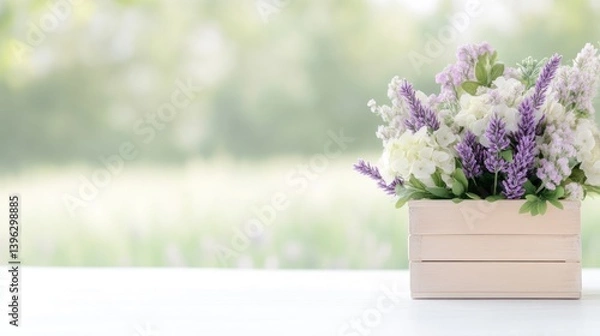 Obraz Delicate spring flowers in a wooden crate
