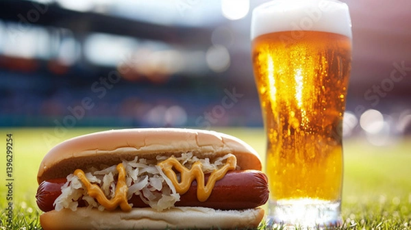 Fototapeta Hot dog with sauerkraut and mustard, next to a frosty draft beer, baseball game vibe