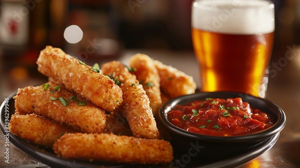 Fototapeta Crispy mozzarella sticks with marinara sauce, served with a wheat beer