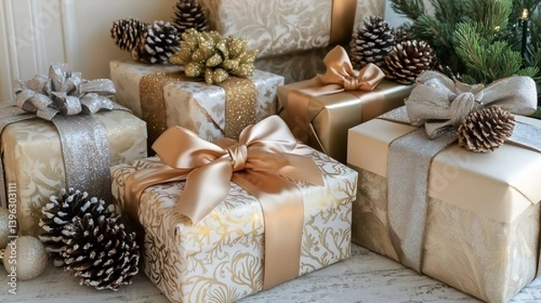 Fototapeta Luxury Christmas Gift Boxes set of elegantly wrapped gifts with silk ribbons gold and silver wrapping festive pinecone decorations and holiday luxury aesthetic