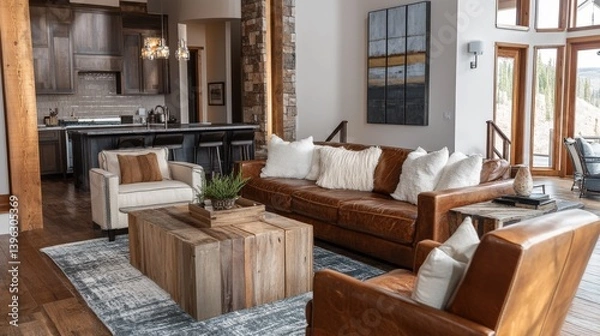 Fototapeta An inviting living room with modern furniture and warm lighting