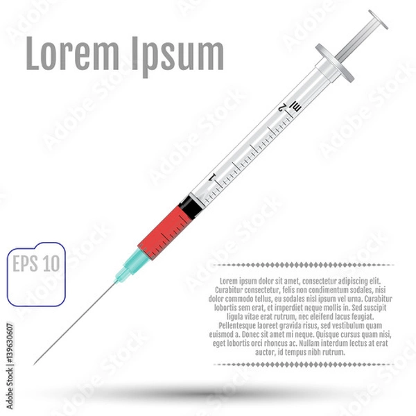 Fototapeta Fairly standard design single use syringe isolated over white background. Realistic vector syringe.