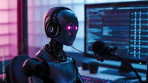 Fototapeta A futuristic robot with glowing eyes sitting in front of computer screens displaying data metrics and analytics, illuminated by soft pink and blue lighting