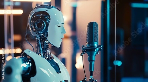 Fototapeta A futuristic robot with a metallic finish stands beside a vintage microphone, set in a modern, illuminated studio environment showcasing advanced technology and innovation