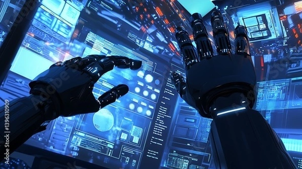 Obraz Futuristic robotic hands interacting with a high-tech interface showcasing glowing screens and intricate digital patterns