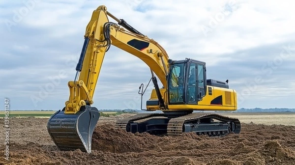 Fototapeta Excavator working on a construction site under a cloudy sky.