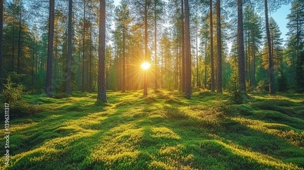 Fototapeta Sunlight filtering through trees in a serene forest setting.