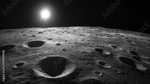 Fototapeta Lunar surface with craters and sun in the background.