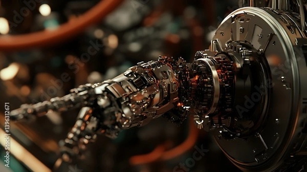 Fototapeta A close-up view of a highly detailed robotic hand in an intricate mechanical environment showcasing advanced technology and metallic textures