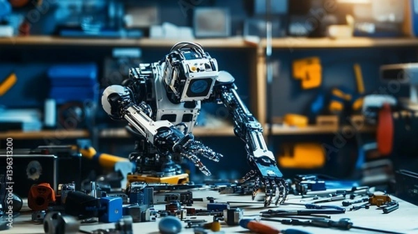 Fototapeta A humanoid robot engaging in repair work surrounded by various tools on a cluttered workbench, illuminated by warm lighting, showcasing a fusion of technology and craftsmanship