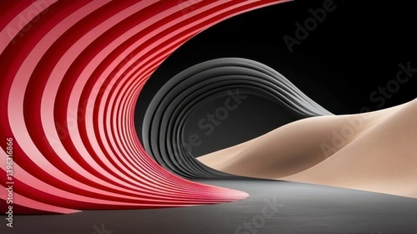 Fototapeta Abstract Red and Black Wave Forms Against Beige Sand Dunes