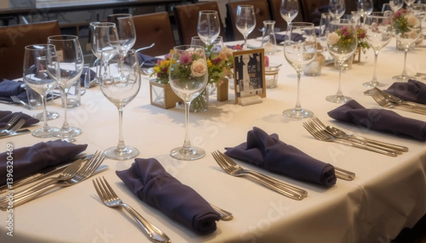 Fototapeta Elegant Dining Table: a meticulously arranged table with glistening glassware, polished silverware, and elegantly folded napkins awaits the arrival of guests.
