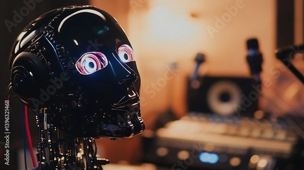 Fototapeta A robotic figure with reflective black surface and glowing digital eyes set against a modern music production background featuring audio equipment and warm lighting