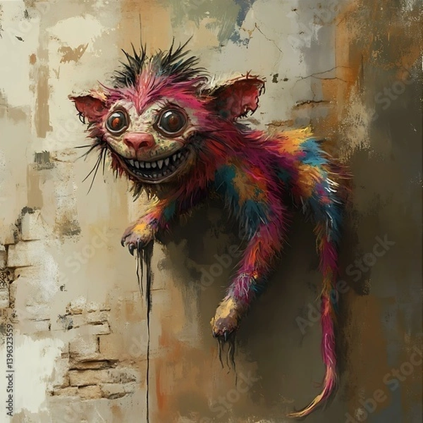 Fototapeta Whimsical Wall Creeper with Rainbow Fur and Mischievous Grin Intriguing Digital Painting of excellence