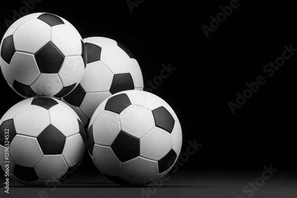 Fototapeta Close up of Four Textured Black and White Soccer Balls on Dark Background