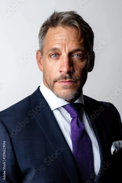 Fototapeta A confident middle-aged executive, clad in formal attire, looks directly at the lens. This seasoned entrepreneur represents authority and expertise, showcased in a portrait set against a simple white