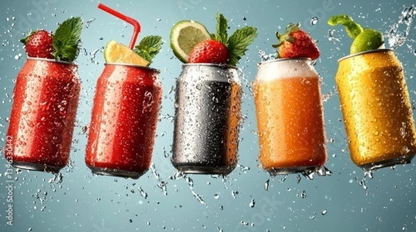 Fototapeta Five Colorful Canned Drinks Suspended in Water Splash