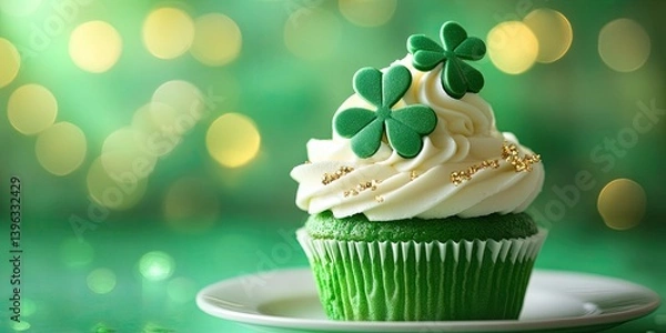 Fototapeta Festive green cupcake with irish shamrock, blurred background, close up, space for text