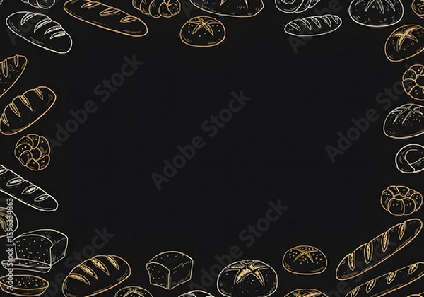 Fototapeta Hand-drawn chalk-style bakery frame featuring various types of bread and pastries on a black background, perfect for menu designs and bakery branding