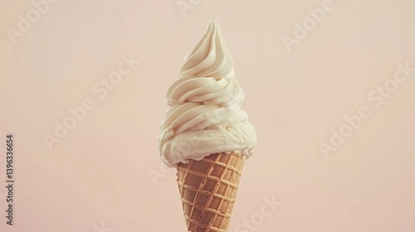 Fototapeta Chocolate soft serve ice cream dripping on a cone with a soft white background, perfect for marketing or promotional materials