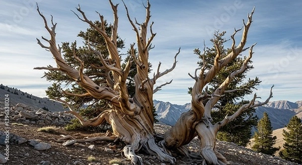 Fototapeta Bristlecone Pine In High Altitude Gnarled Trunk Shaped By Millennia Of Wind Surviving Needles On Weathered Branches