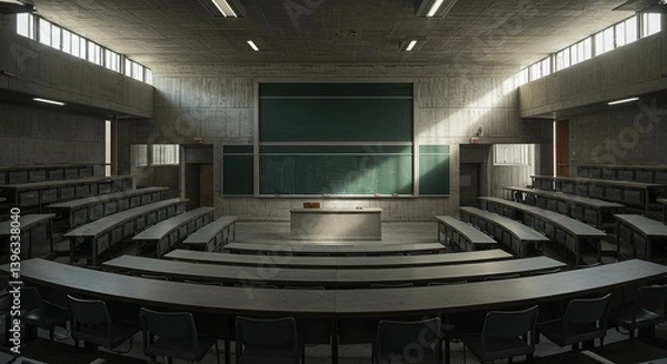 Fototapeta Brutalist University Lecture Hall Tiered Concrete Seating Facing A Chalk Dusted Blackboard Morning Light Through Slit Windows