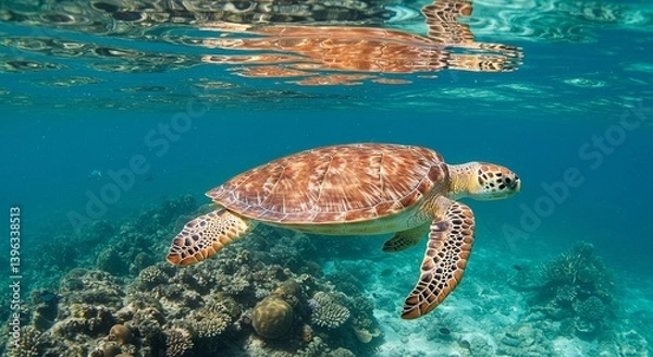 Fototapeta Loggerhead Sea Turtle Gliding Through Crystal Caribbean Waters Sunbeams Illuminating Barnacle Speckled Shell Coral Reef Below