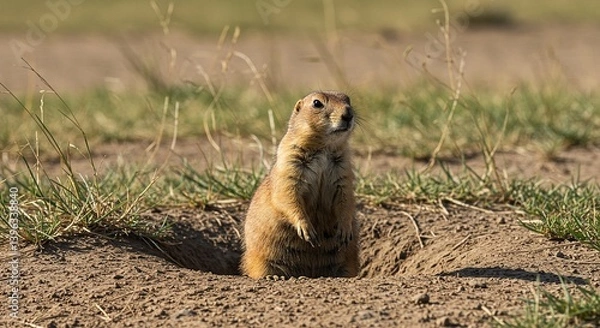 Fototapeta Prairie Dog Standing Alert At Burrow Entrance Sun Bleached Grass Surrounding Desert Colony Sharp Claws Gripping Dry Soil