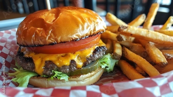 Obraz Mouthwatering burger stacked high with toppings, paired with golden fries, a perfect comfort meal. A classic treat awaits your tastebuds.