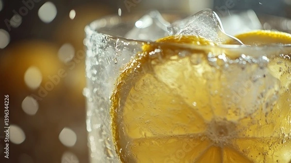 Fototapeta Close-up of a frozen lemon drink with ice cubes and sunlight.

