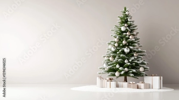 Fototapeta Simple, elegant Christmas tree decorated with soft white ornaments and gifts