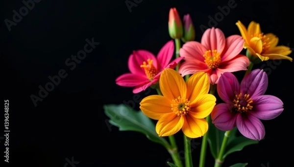 Fototapeta Vibrant bouquet of multicolored flowers on black background, illustration, flowers