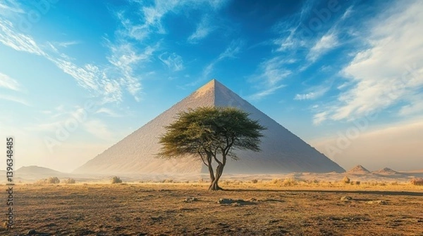 Fototapeta A lone acacia tree stands before the majestic pyramids of egypt under a brilliant sky.