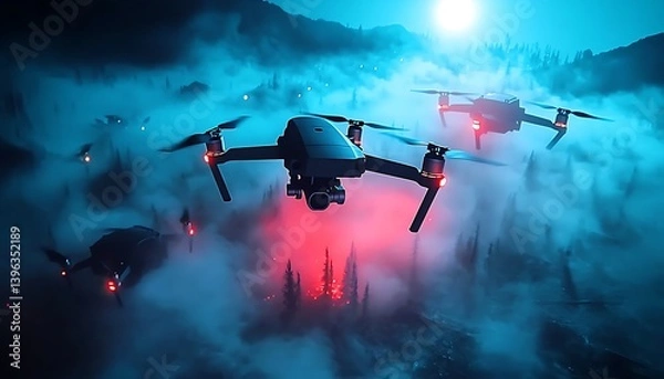 Obraz Drones Flying Misty Mountaintop.