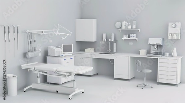 Obraz Showcasing the Beauty of Medical Precision: The Orderly Arrangement of Clean Medical Lab Equipment! The picture focuses on an immaculate medical laboratory where various equipment such as analyzers an