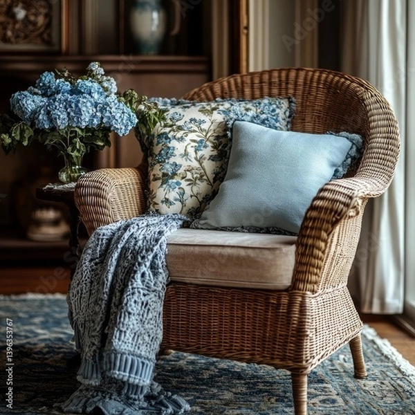 Fototapeta Wicker armchair with pillows and a bouquet of hydrangea in a vase.