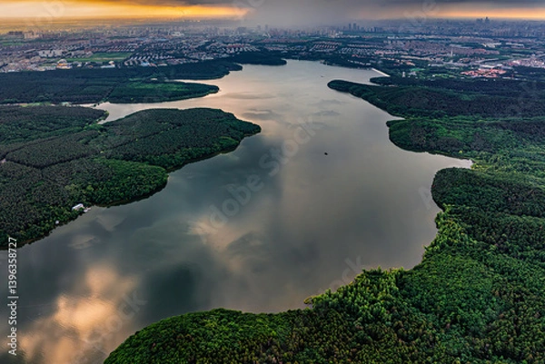 Fototapeta Aerial view of Jingyuetan National Forest Park in Changchun, China