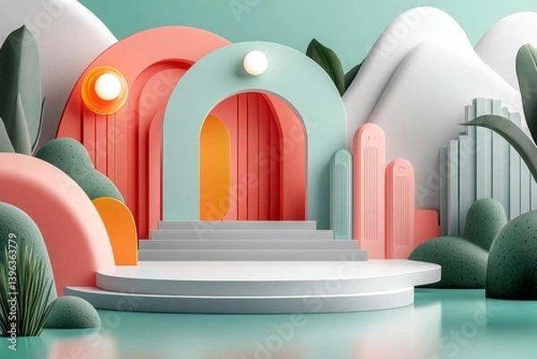 Fototapeta Pastel Archway and Platform in a Serene 3D Landscape