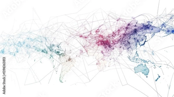 Obraz Insight into the Global Data Vein: A Complete Analysis of the World Map Data Flow Connection Nodes! The picture shows a global map, with data flow lines crisscrossing like bright veins, connecting eac