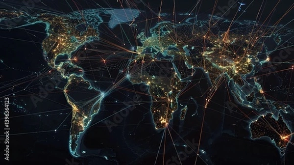 Obraz Insight into the Global Data Vein: A Complete Analysis of the World Map Data Flow Connection Nodes! The picture shows a global map, with data flow lines crisscrossing like bright veins, connecting eac