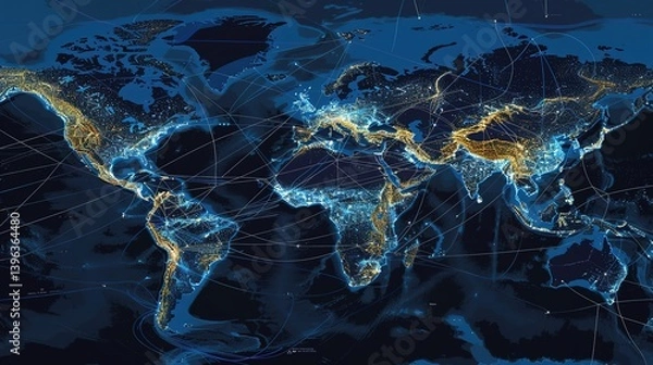 Obraz Insight into the Global Data Vein: A Complete Analysis of the World Map Data Flow Connection Nodes! The picture shows a global map, with data flow lines crisscrossing like bright veins, connecting eac
