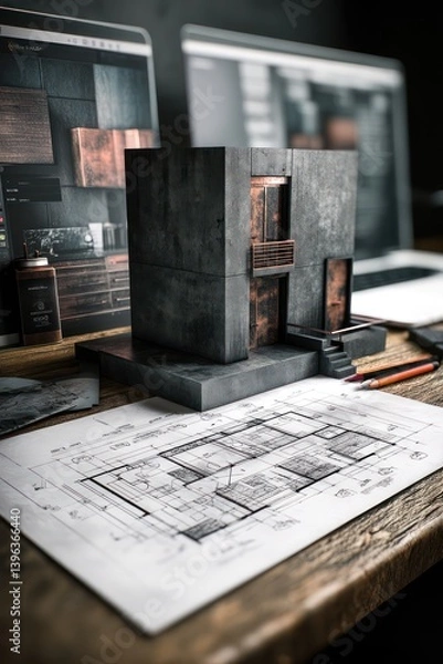Fototapeta An industrial-chic miniature apartment resting on architectural drawings, featuring moody slate-grey walls, rustic copper furniture, and dark walnut decorative pieces