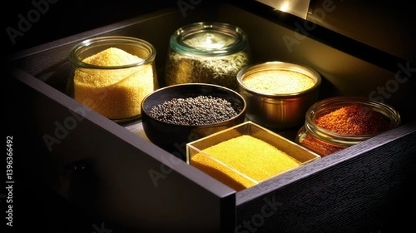 Fototapeta An intimate look inside a kitchen cabinet drawer, lit to highlight a variety of couscous