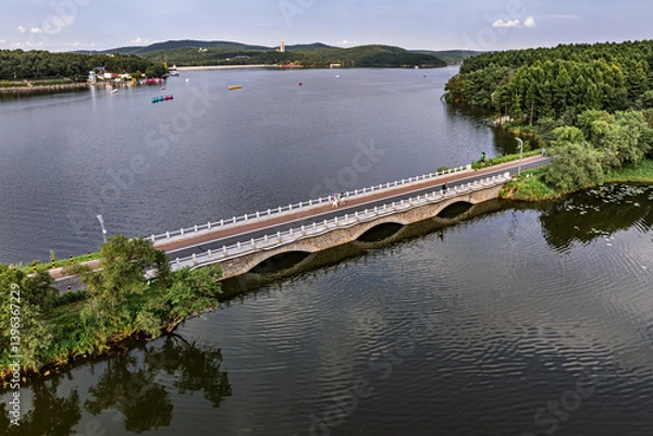 Fototapeta Aerial view of Jingyuetan National Forest Park in Changchun, China