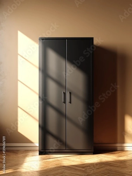 Fototapeta Contemporary and minimalist 3D render of a black wardrobe with closed doors set against a warm taupe wall