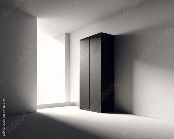 Fototapeta High-contrast minimalist design featuring a deep black wardrobe on a stark white wall, offering an open, empty area for brand design, advertisements, or mock-up use
