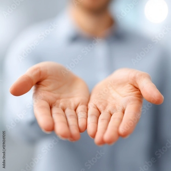 Fototapeta A person extends both hands forward, palms open, suggesting an invitation or offering, with a soft focus background creating a warm atmosphere.