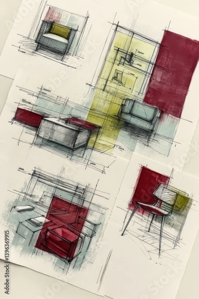 Fototapeta Stylish aerial view of minimalist furniture sketches on a white background