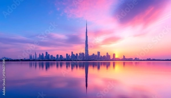 Obraz Dubai Sunrise Skyline Reflection.